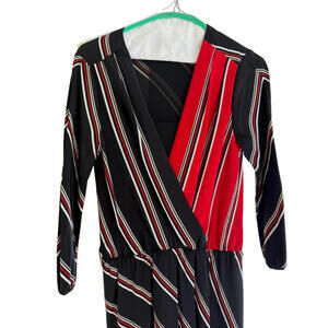 WHBM 100% Silk Faux Wrap Dress Red Black Stripe Long Sleeve
